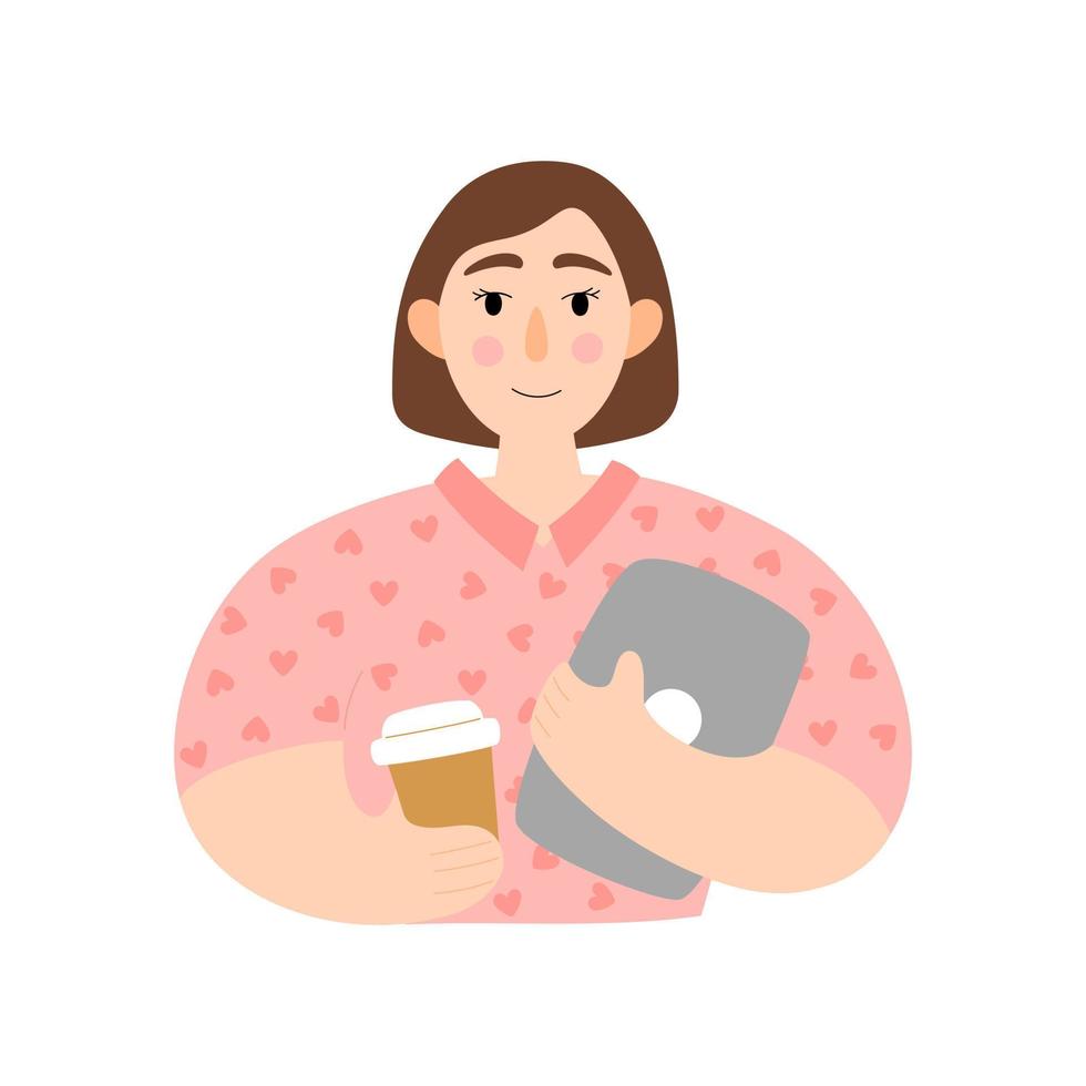 dame met laptop en koffie. zakenvrouw karakter illustratie in een vlakke stijl. vector