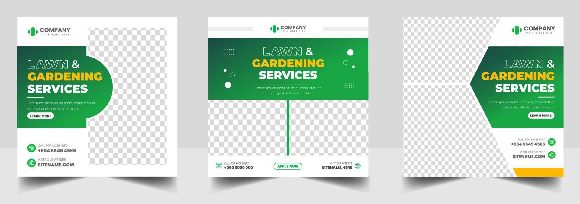 gazon tuin service social media post banner ontwerpsjabloon met groene kleur, plantage en gras maaien, en tuinieren diensten banner ontwerp. gazon tuin service banner. vector