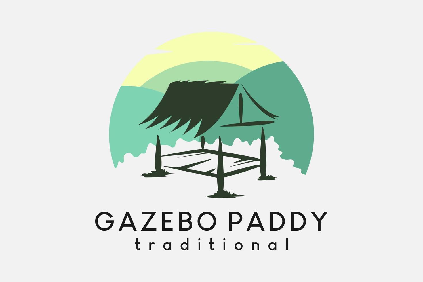 paddy gazebo of traditioneel cottage-logo-ontwerp in een handgetekend concept gecombineerd met natuurillustraties vector