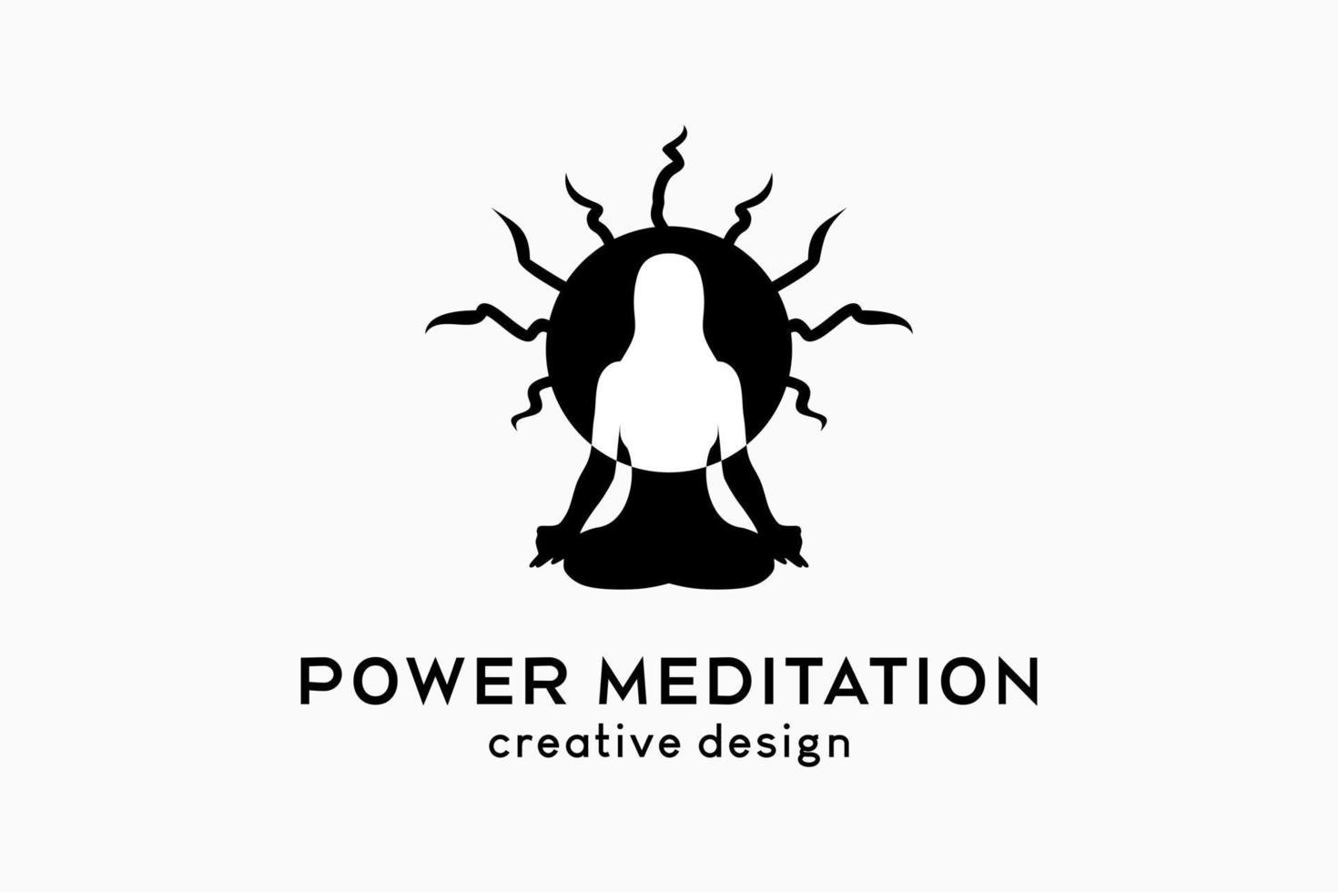 meditatie power logo-ontwerp, silhouet van meditatie-persoon vermengd met bliksem in stippen vector