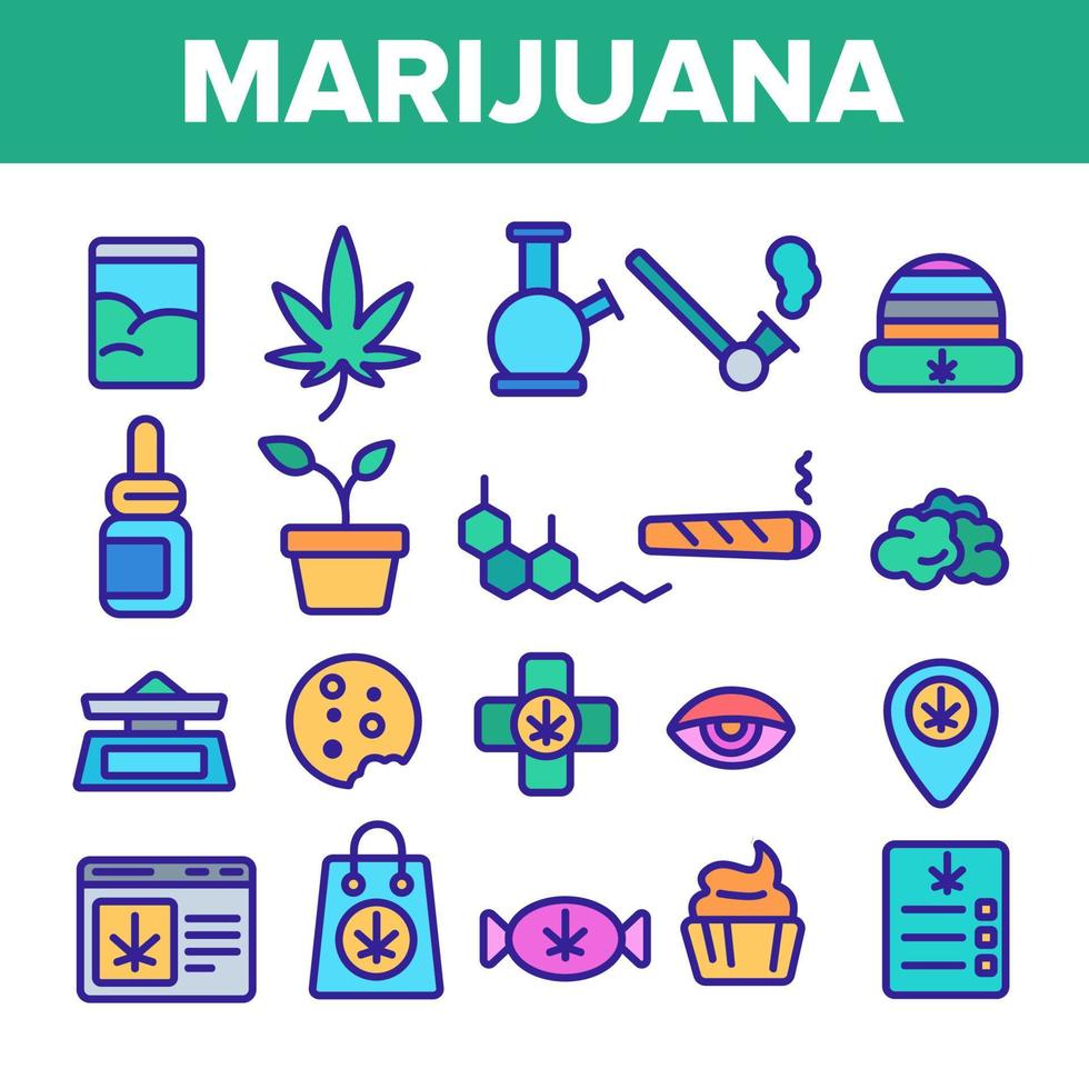 marihuana roken cultuur lineaire vector iconen set