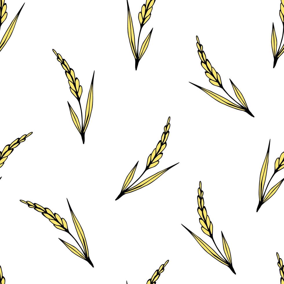 eenvoudig handgetekende vector naadloze patroon. goud, gele aartjes van tarwe op een witte achtergrond. granen, seizoensgebonden oogst. voor het verpakken van prints van meelproducten, brood, etiketten, textiel.