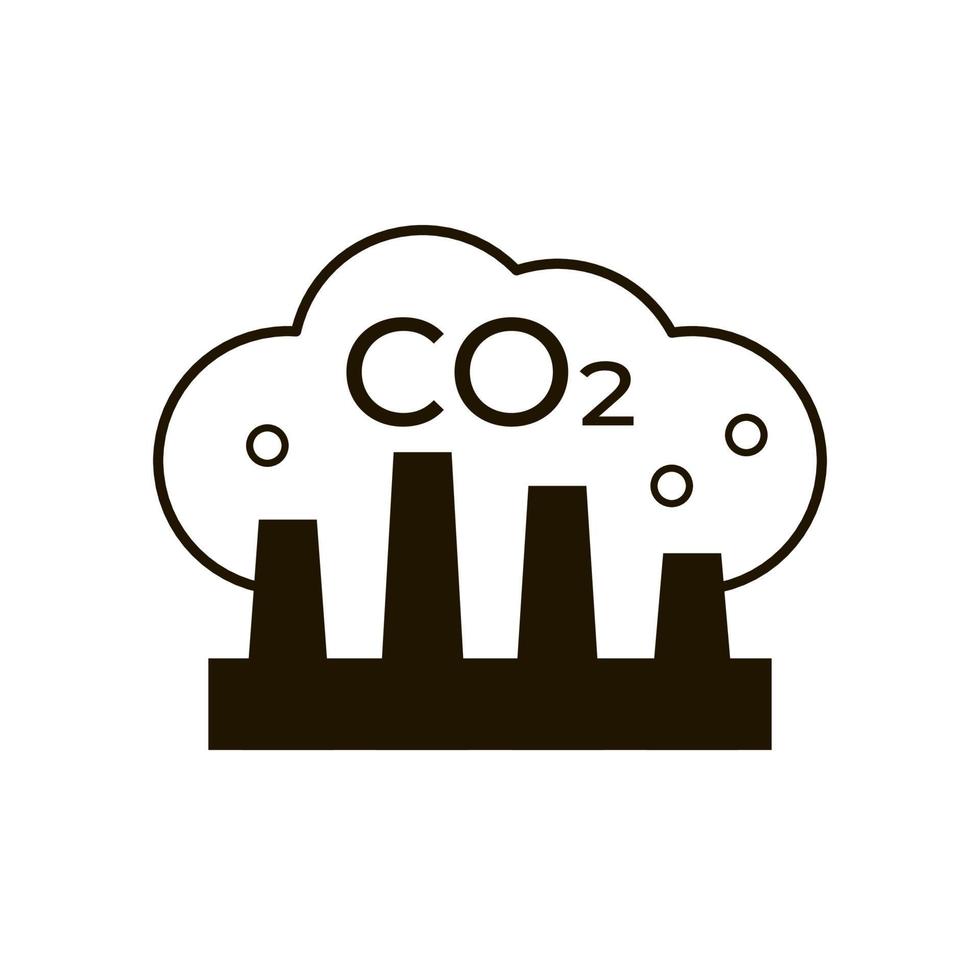 co2-emissiepictogram, koolstof uit de fabriek. fabriekssilhouet met schoorsteenvervuiling dioxide wolkenrook. lucht koolstofverontreiniging embleem met industriële rookpijpen van de fabriek. vector teken