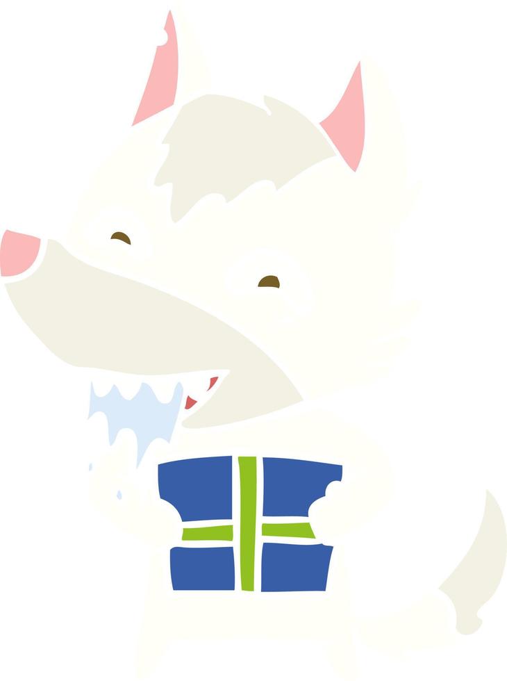 egale kleurstijl cartoon hongerige wolf met kerstcadeau vector