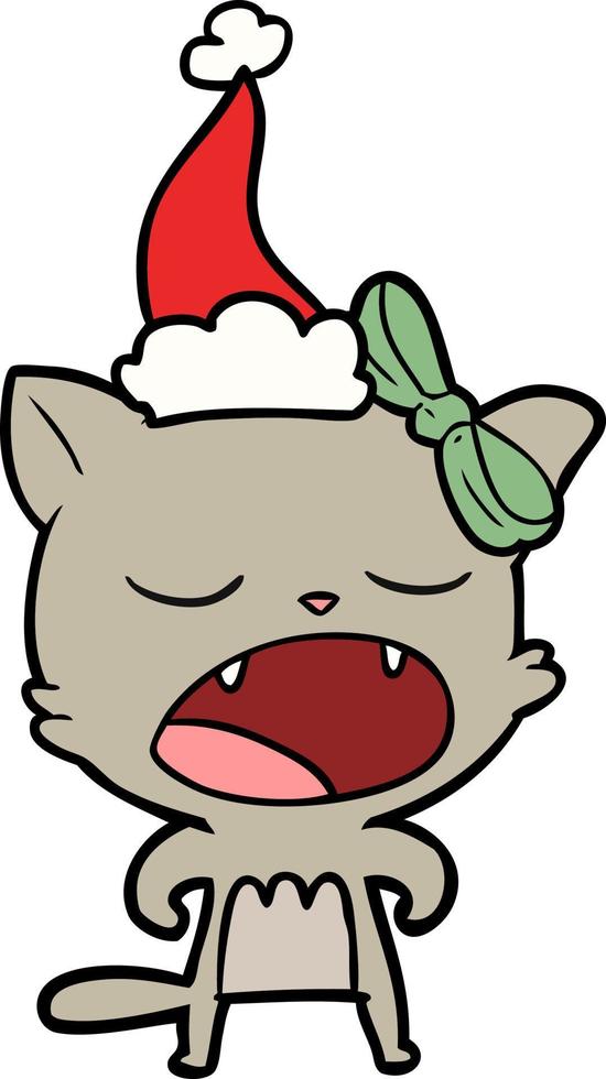 lijntekening van een kat die miauwt met een kerstmuts op vector