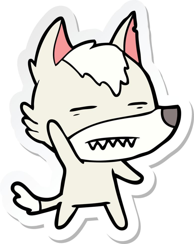 sticker van een cartoonwolf die zwaait met tanden vector