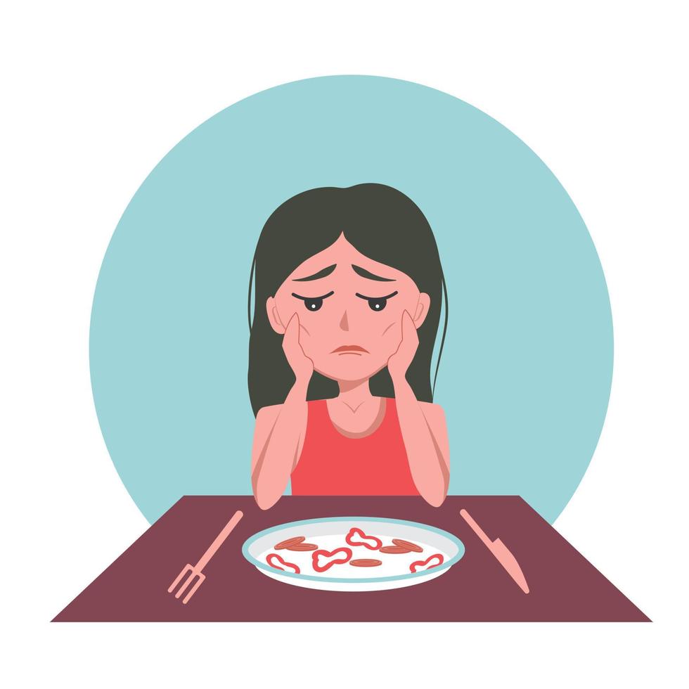 zeer magere vrouw met psychische stoornis anarexia en boulimie kijkt naar een bord dieetvoeding en is bang om te eten, ontevreden over haar gewicht, wil meer afvallen vector