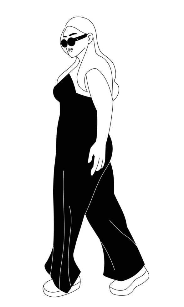 vrouw, gekleed in mouwloos shirt met lange broek, staande mode poses, vectorillustratie vector