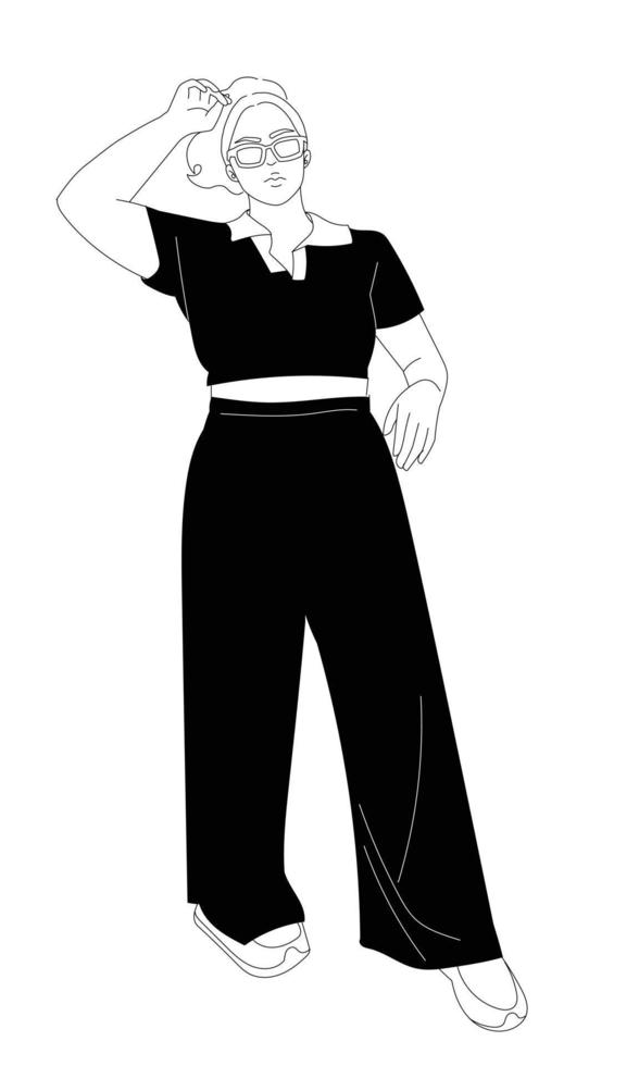 vrouw, gekleed in poloshirt met lange broek, staande mode poses, vectorillustratie vector