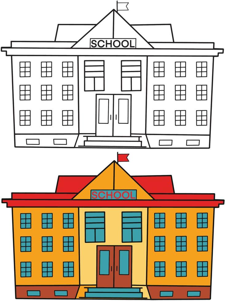 terug naar schoolelement, overzicht en gekleurd modern schoolgebouw, educatieve illustraties. vector