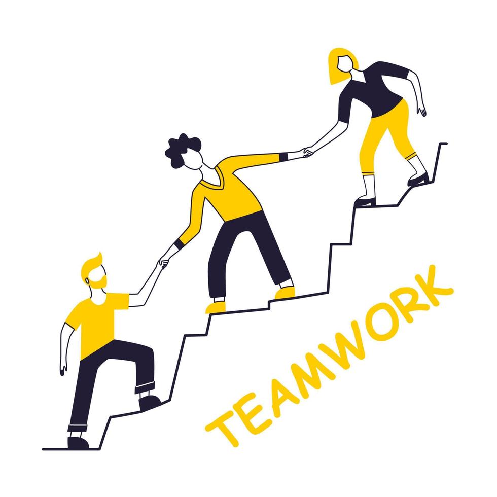 teamwork van mensen die elkaar helpen. bedrijfsconcept. symbool van gemeenschap, samenwerking, partnerschap, eenheid en solidariteit. goed voor poster, sociale media, blog. moderne platte omtrekstijl vector