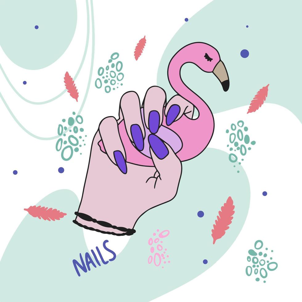 een hand met lange nagels houdt een flamingo vast, trendy nagels, manicure vector