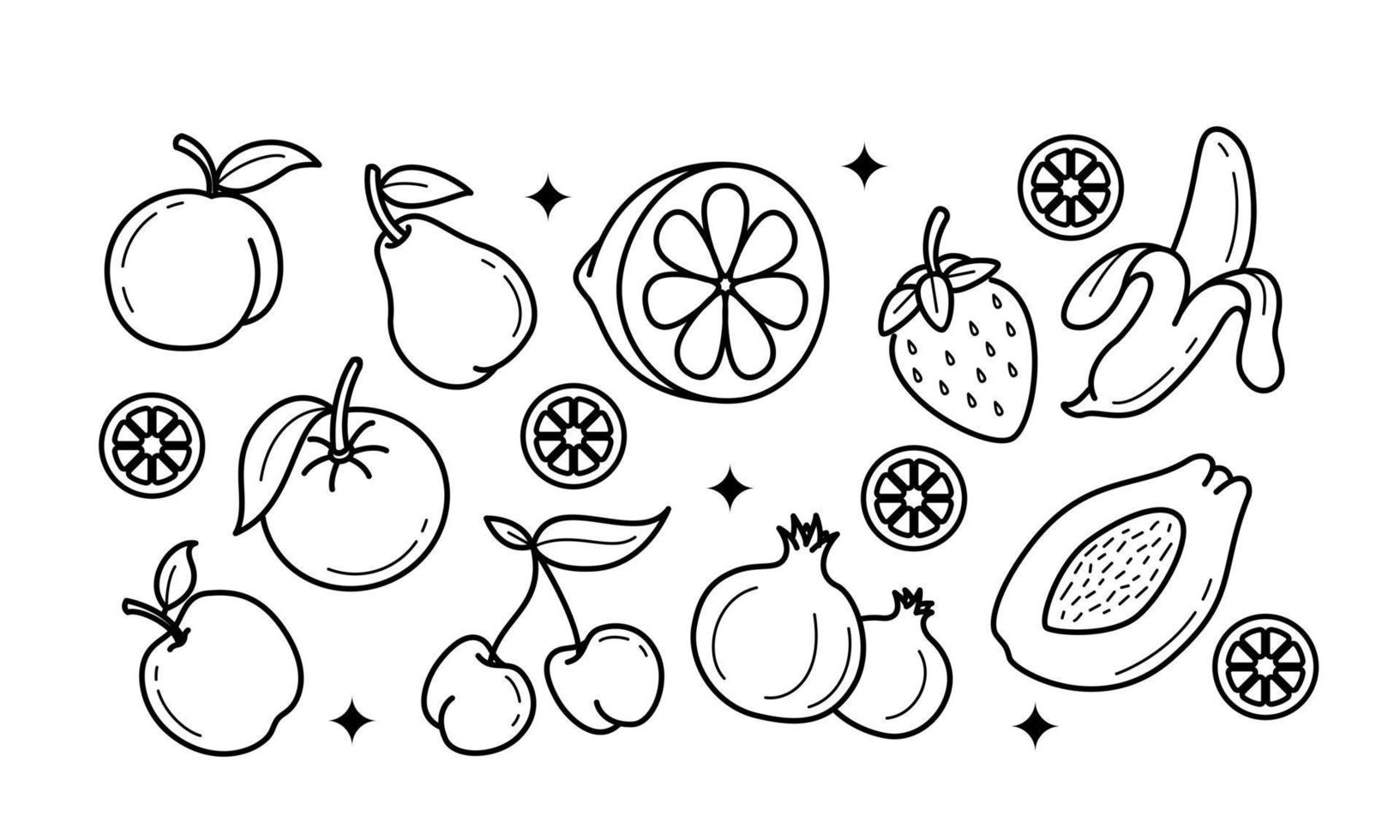 doodle fruit. natuurlijk tropisch fruit, biologisch fruit of vegetarisch eten. vector geïsoleerde pictogrammen