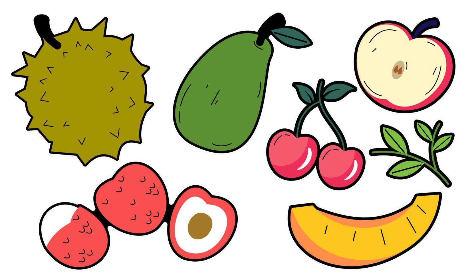 doodle fruit. natuurlijk tropisch fruit, biologisch fruit of vegetarisch eten. vector geïsoleerde pictogrammen