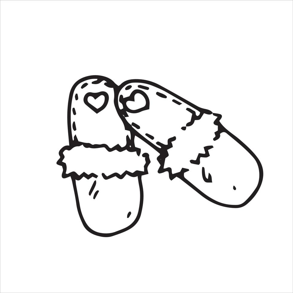 vector tekening in de stijl van doodle. slippers. paar schattige pantoffels met harten, eenvoudig tekensymbool van comfort, gezellig huis, knuffel. blijf thuis, huishoudelijke artikelen