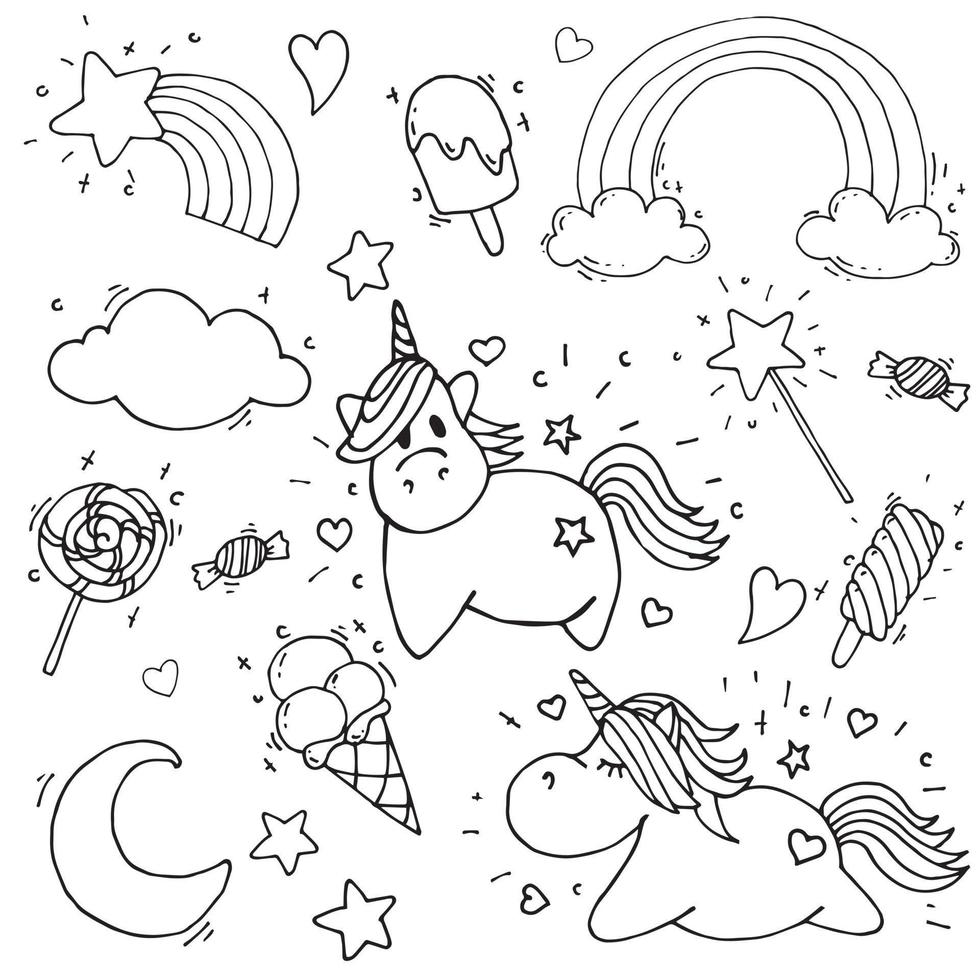 vector naadloos patroon met eenhoorns. magische eenhoorns, regenboog, lolly's, wolken, lijntekeningen geïsoleerd op een witte achtergrond. in de stijl van doodle, plat, tekenfilm. kleurboek, zwart en wit