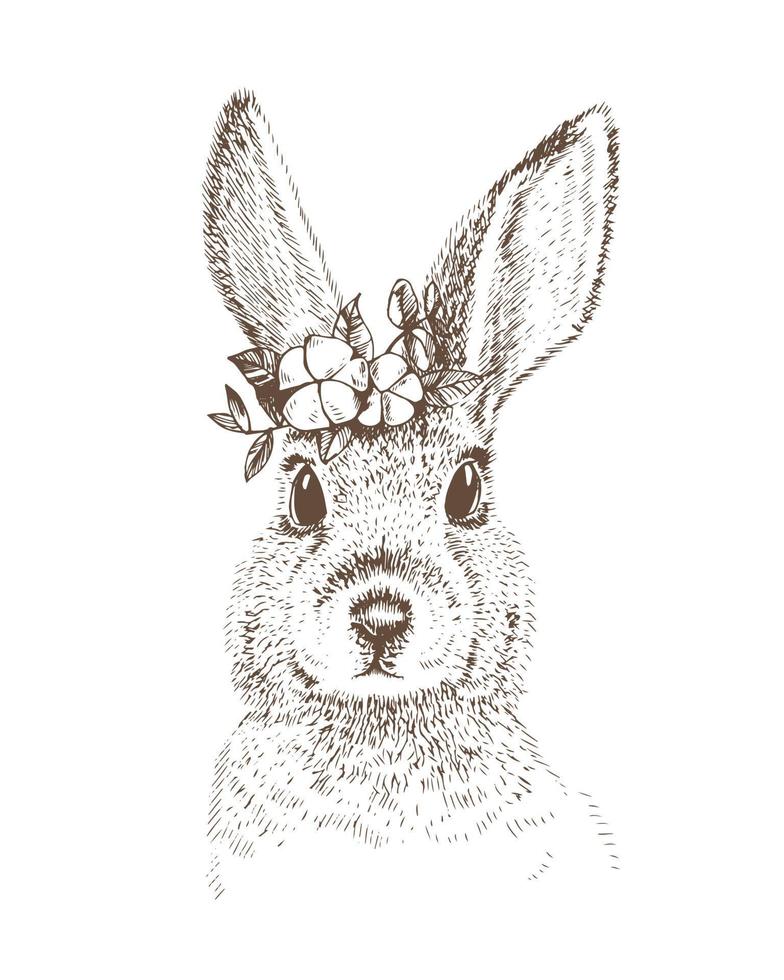 vectorillustratie in vintage stijl. schattige paashaas, haas met bloemen. schattig dier konijn, symbool van Pasen, lente. monochrome lijntekening op witte achtergrond vector