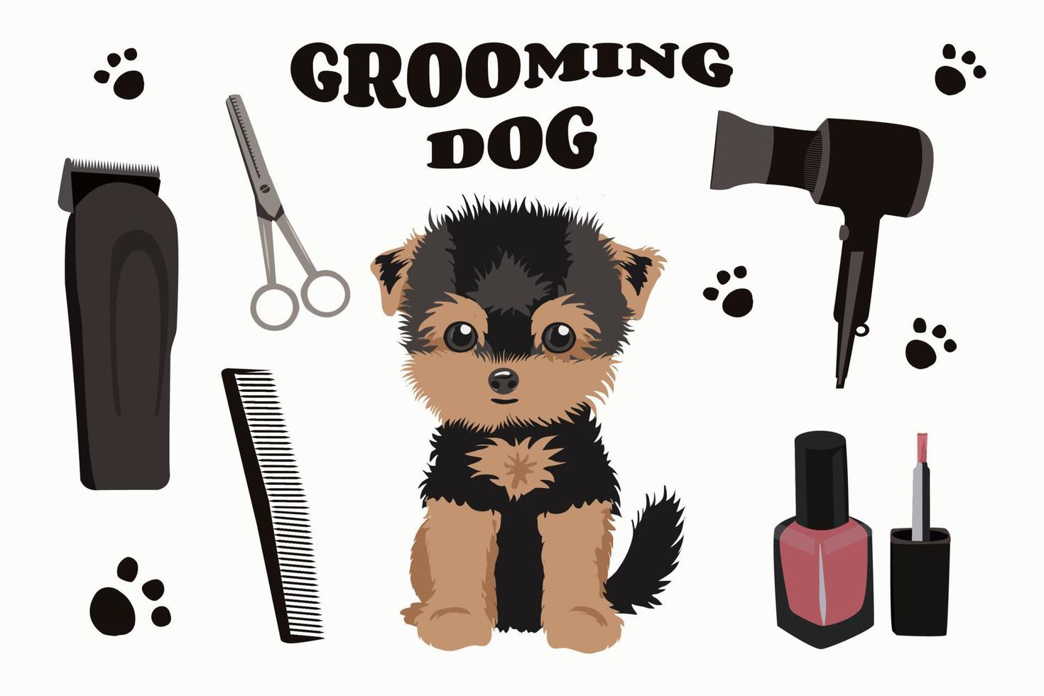 hondenverzorging van een yorkshire terrier-hond. set van cartoon vectorobjecten. vector