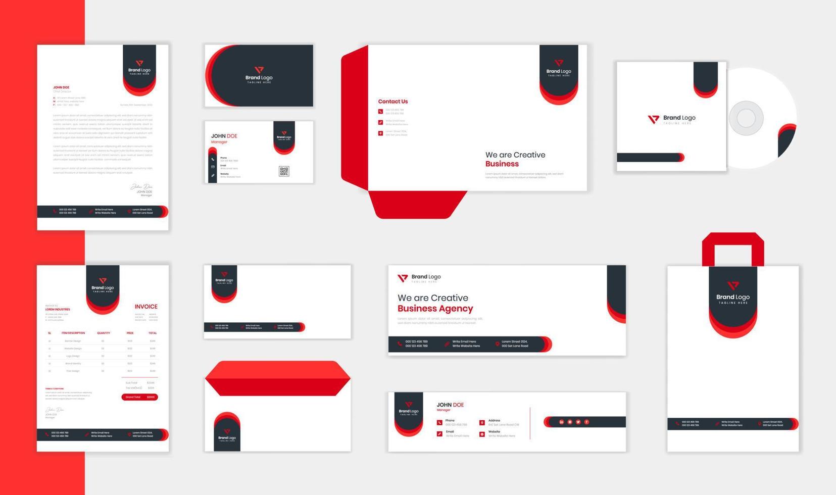 rode zakelijke briefpapier ontwerpset met visitekaartje, factuur, briefpapier en envelop vector