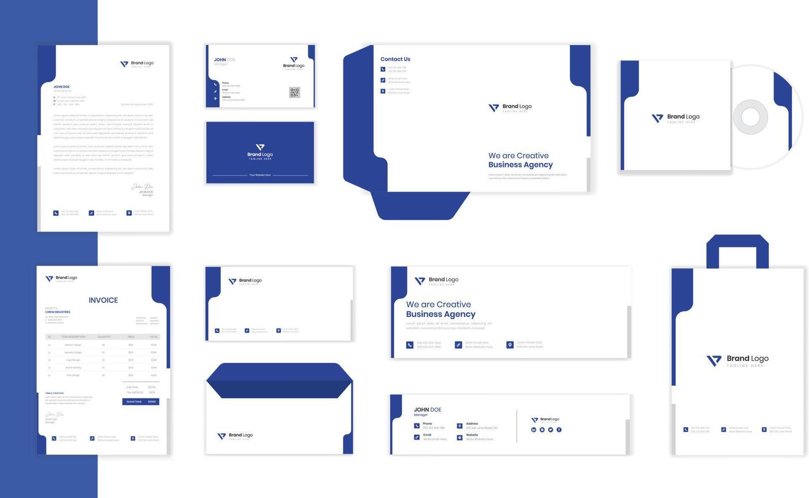 blauwe minimale zakelijke briefpapierontwerpset met briefhoofd, factuur, envelop en visitekaartjeontwerp vector