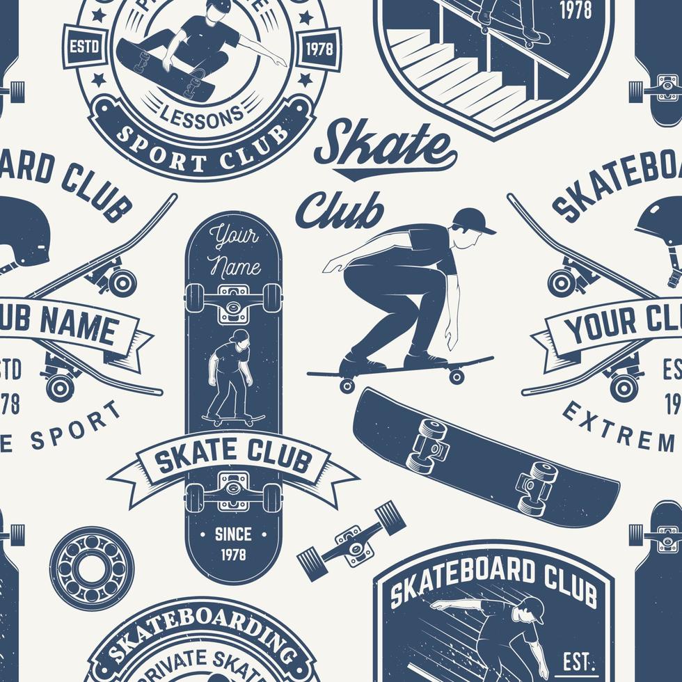 skateboard en longboard club naadloze patroon of achtergrond. vector illustratie