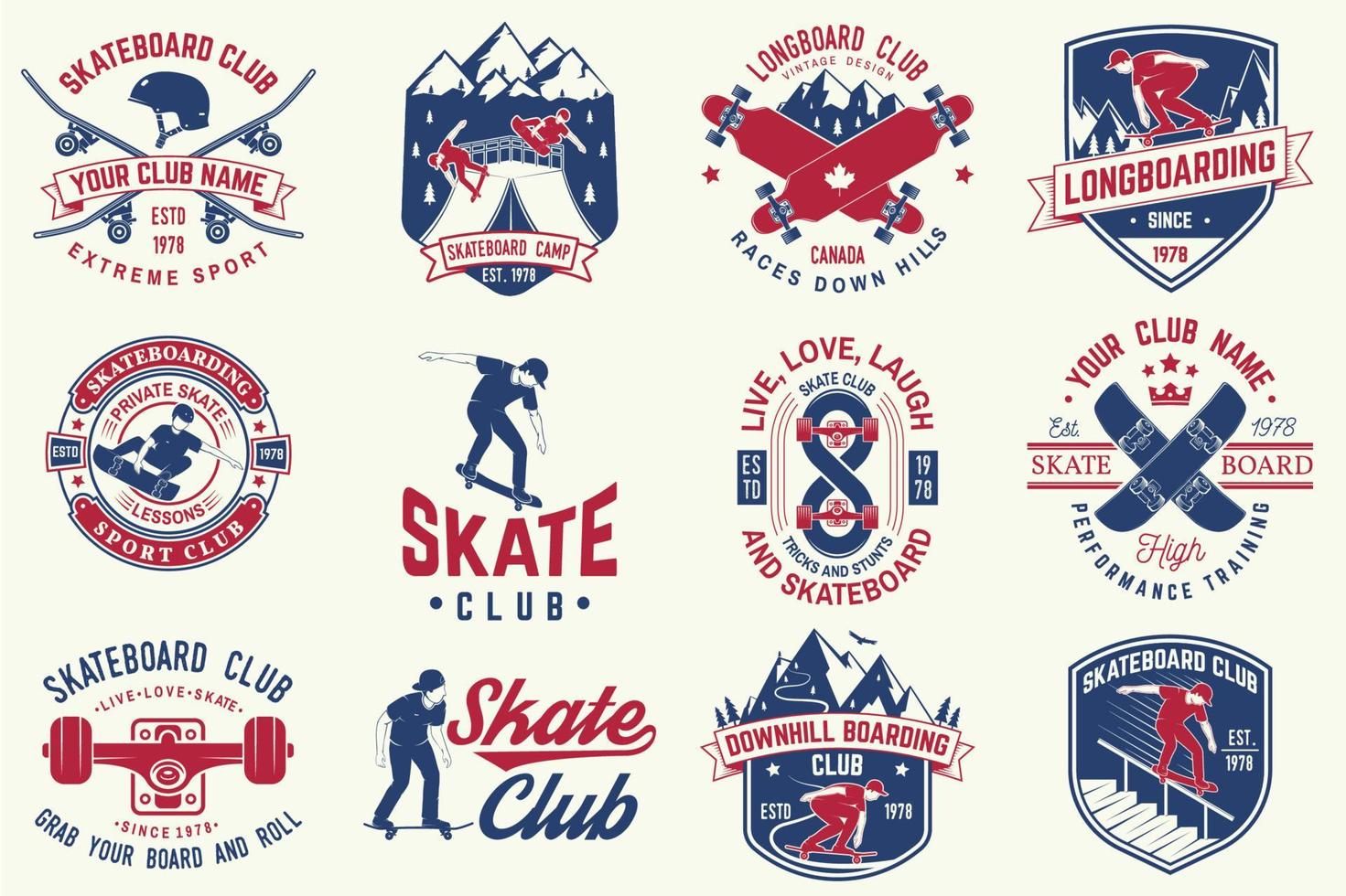 set skateboard- en longboardclub-badges. vector illustratie