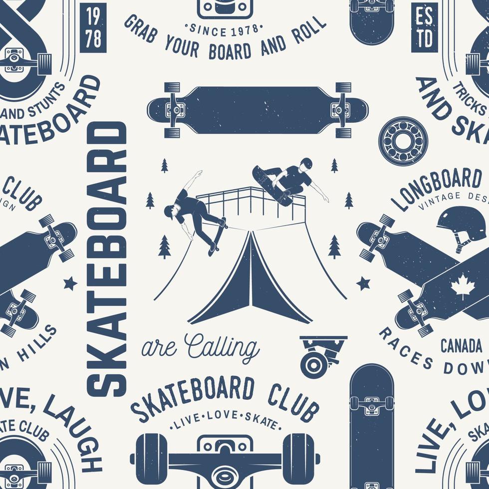 skateboard en longboard club naadloze patroon of achtergrond. vector illustratie