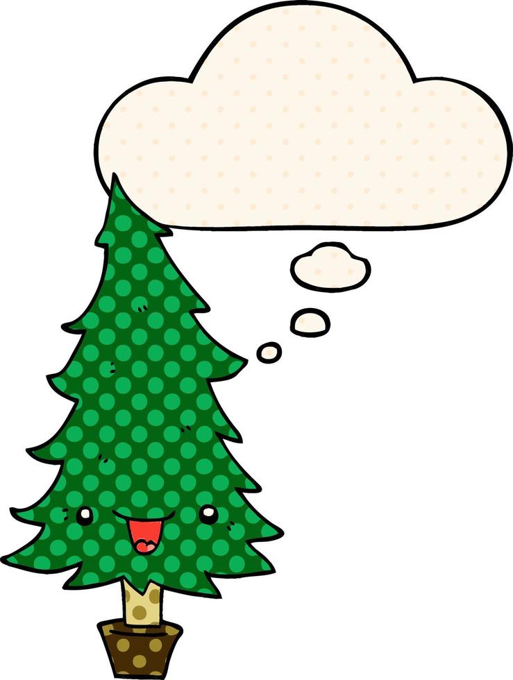 schattige cartoon kerstboom en gedachte bel in stripboekstijl vector
