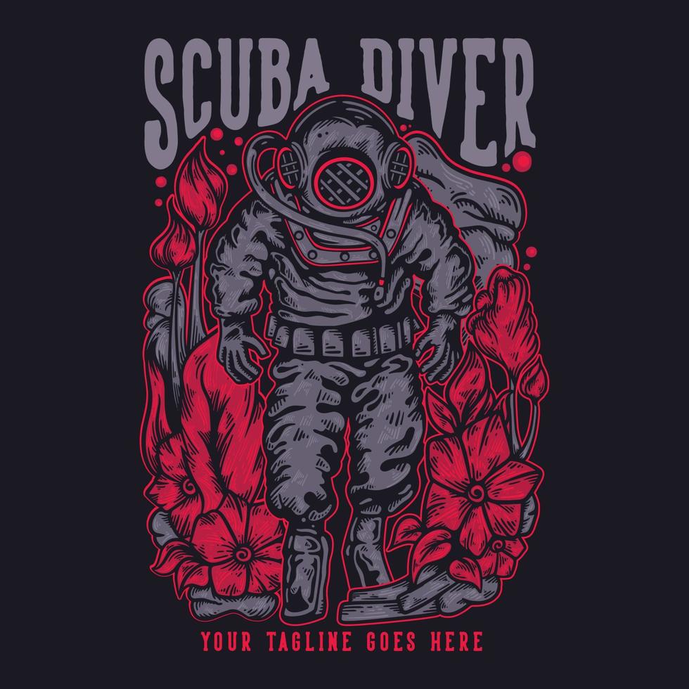 t-shirtontwerp duiken met duiker man lopen in duikpak met zwarte achtergrond vintage illustratie vector
