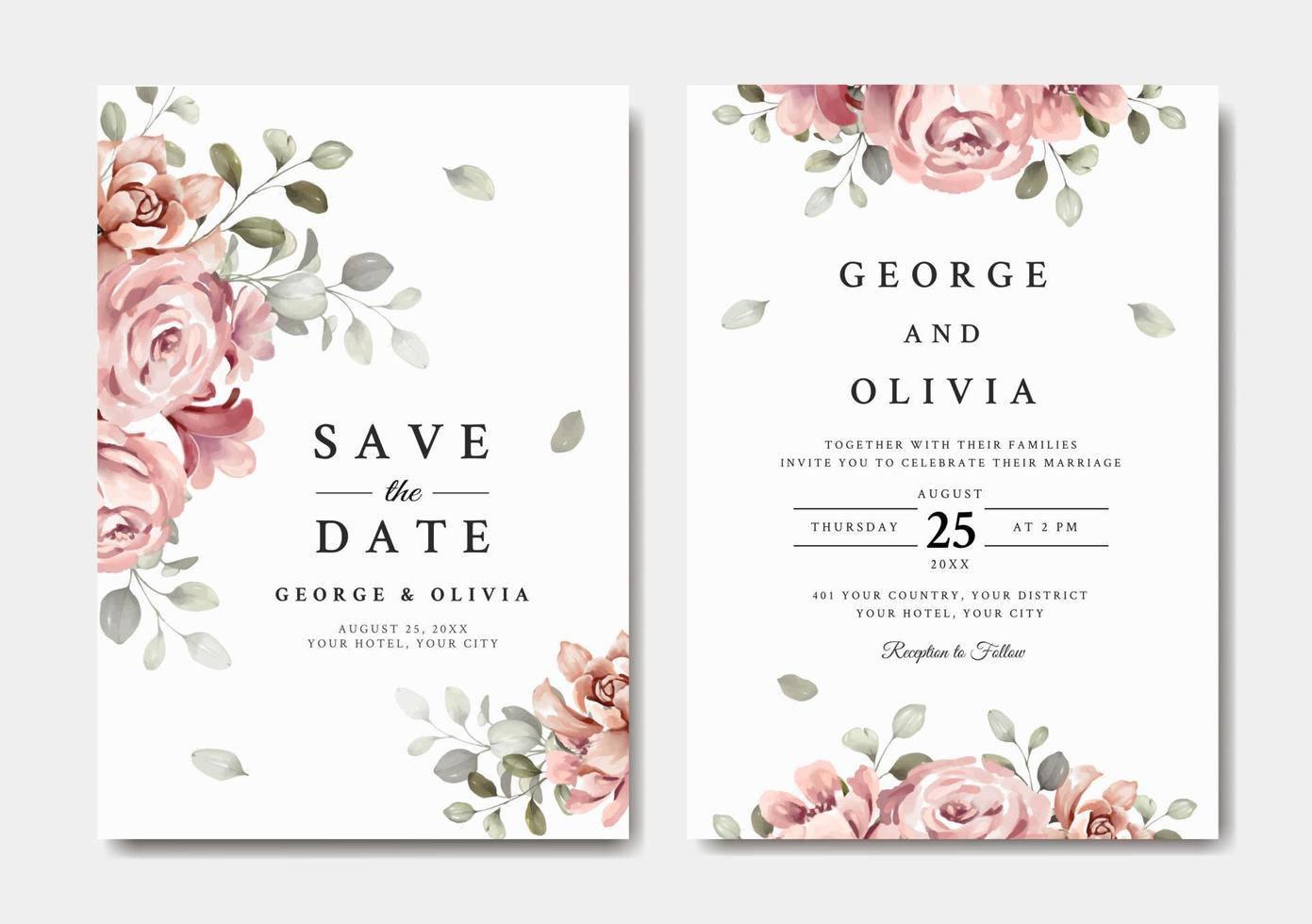 bruiloft uitnodigingssjabloon met roze en rode bloemen vector