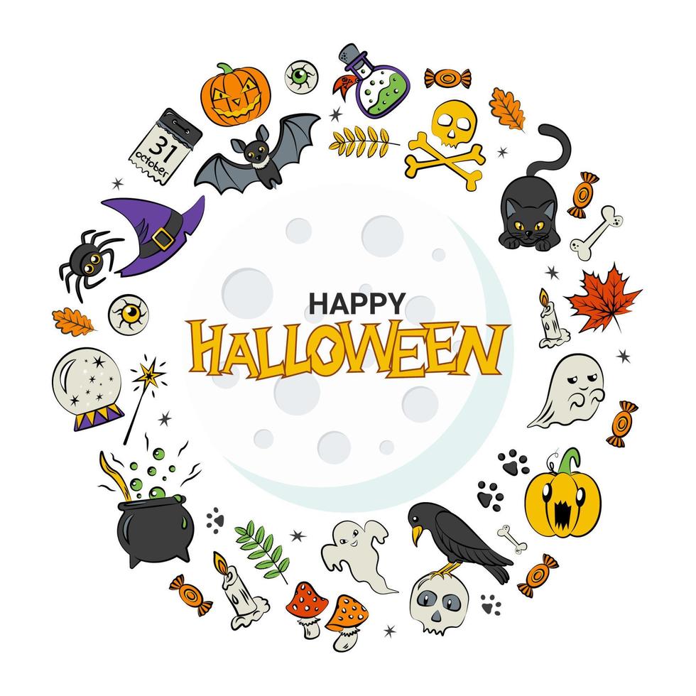 happy halloween-kaart met traditionele evenementelementen en happy halloween-tekst vector