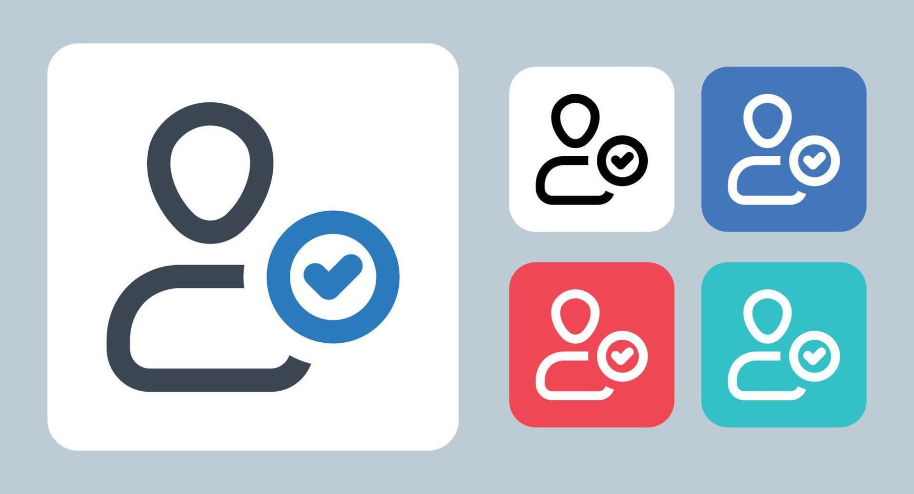 accountpictogram goedkeuren - vectorillustratie. goedkeuren, verifiëren, gebruiker, account, avatar, controleren, vinkje, profiel, geverifieerd, goedgekeurd, man, persoon, lijn, overzicht, plat, pictogrammen. vector