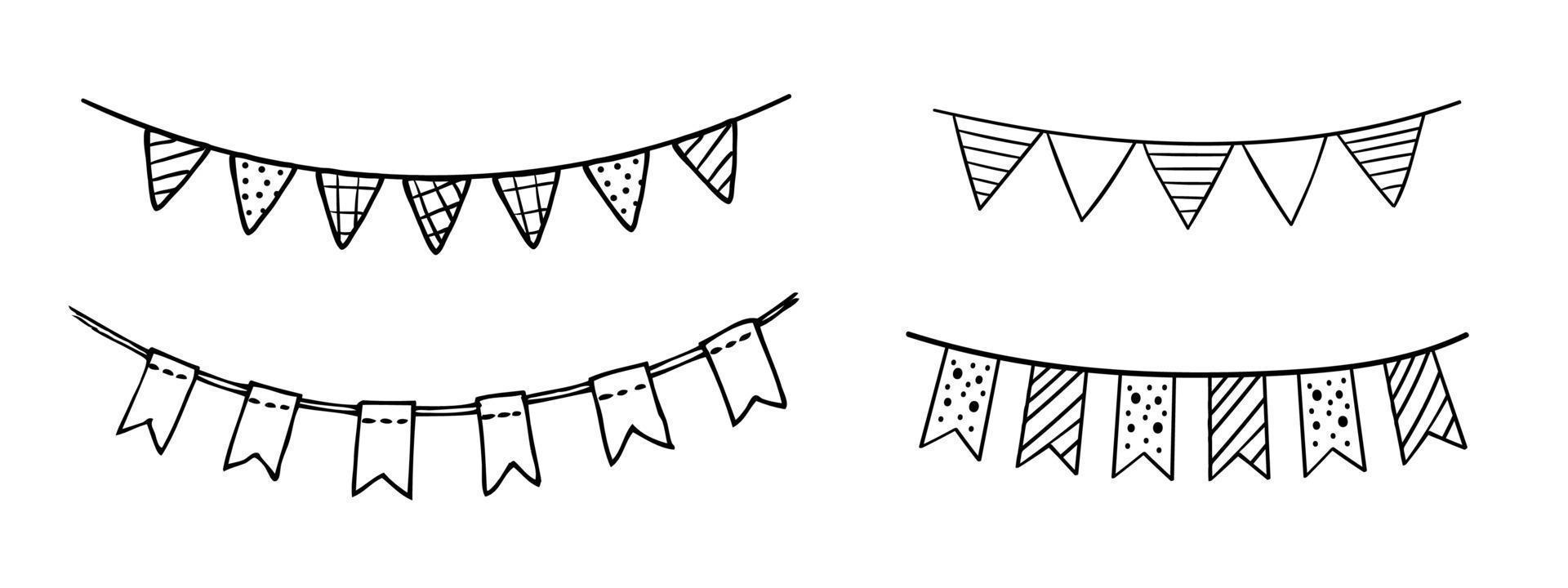 doodle partij bunting vlaggen set. zwarte lijn schets slingers vector