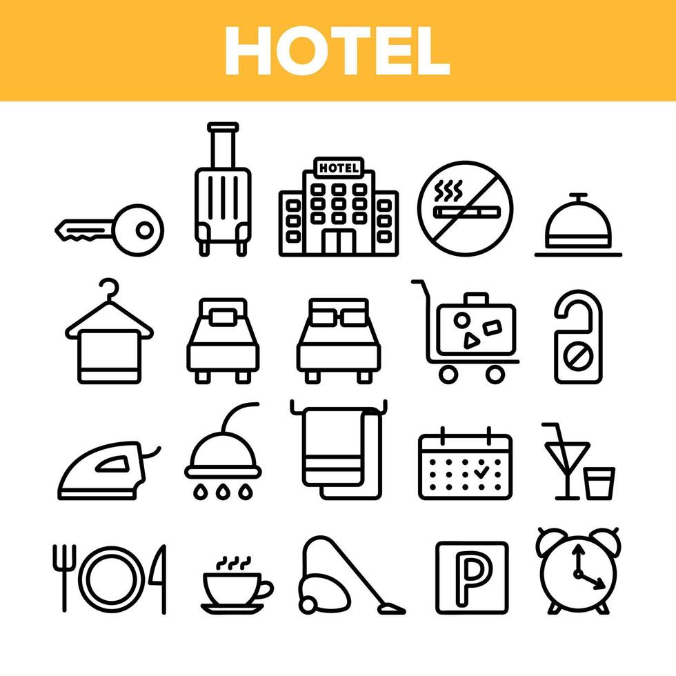 hotelaccommodatie, voorzieningen op de kamer vector lineaire pictogrammen set