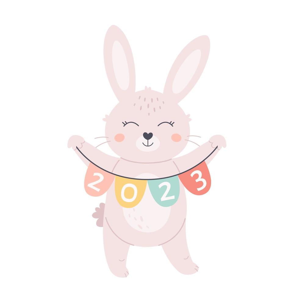 schattig wit konijntje wenst een gelukkig nieuwjaar 2023. jaar van het konijn. kerstvakantie vector