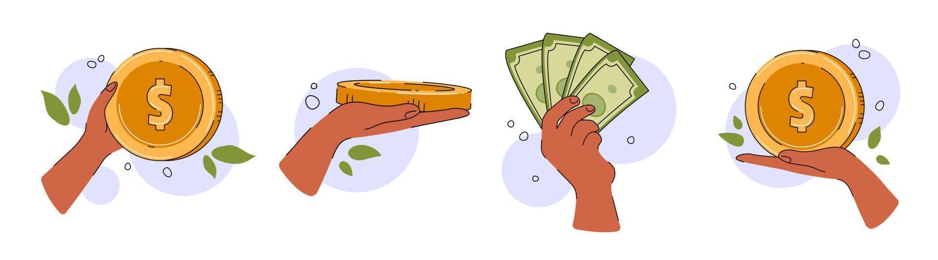 financiën illustratie set. teken hand met munten. geld overmaken, ontvangen, vasthouden concept. platte vectorillustratie. vector