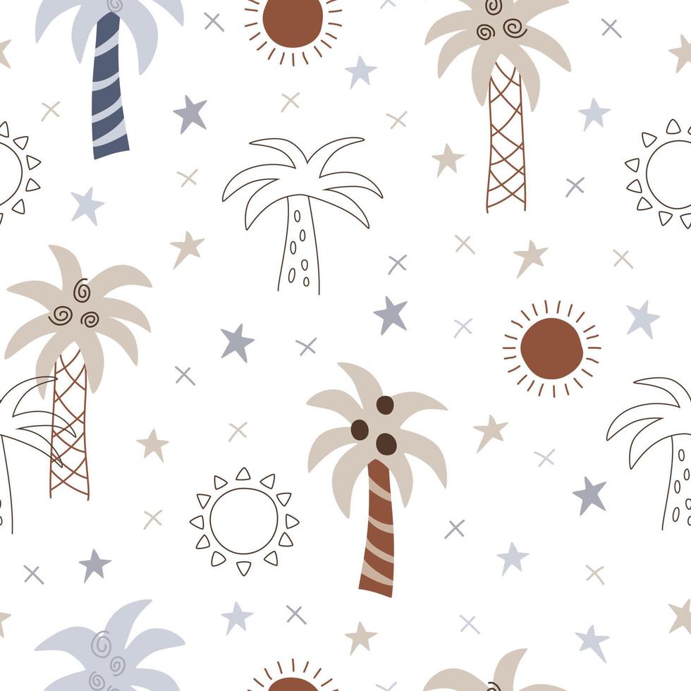 nordic hand getekende print met palm en zon op witte achtergrond. naadloos vectorpatroon voor kinderkleding of kinderdagverblijf vector