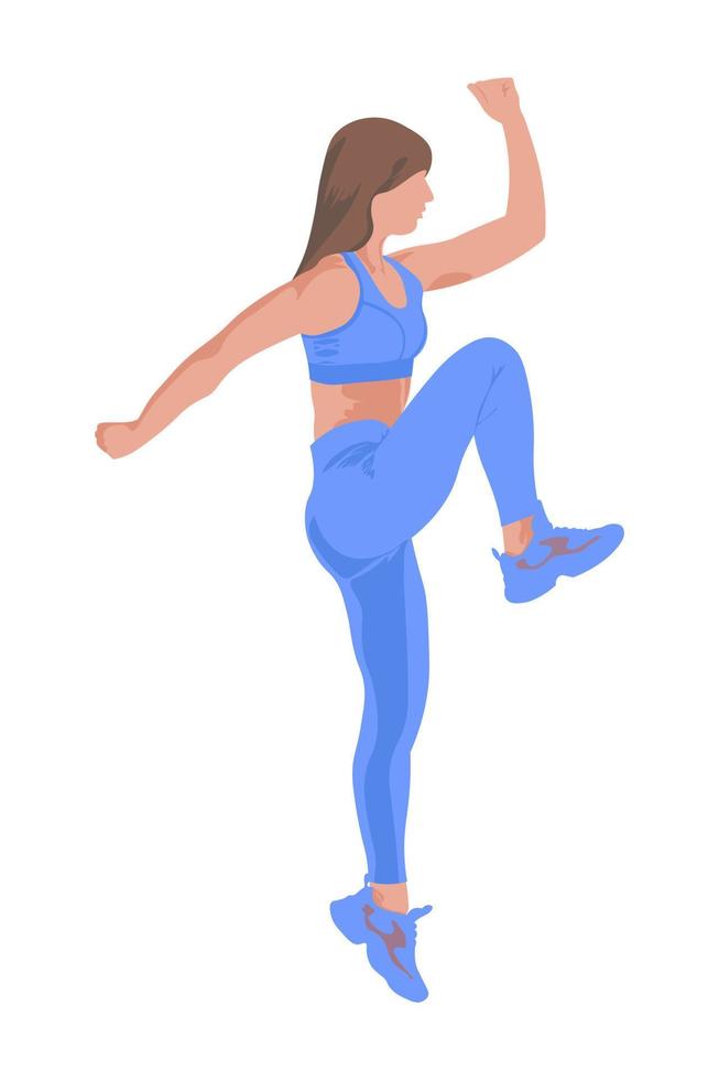 meisje in een blauw trainingspak springen in een gezichtsloze stijl op een witte achtergrond vector