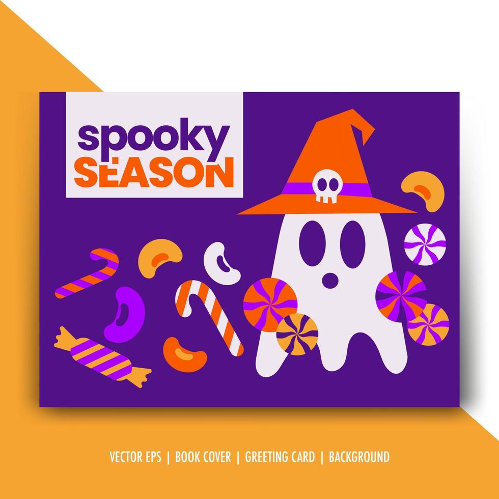 eenvoudige griezelige halloween-wenskaart met spook, pompoenen, snoep geïsoleerde vectorillustratie vector