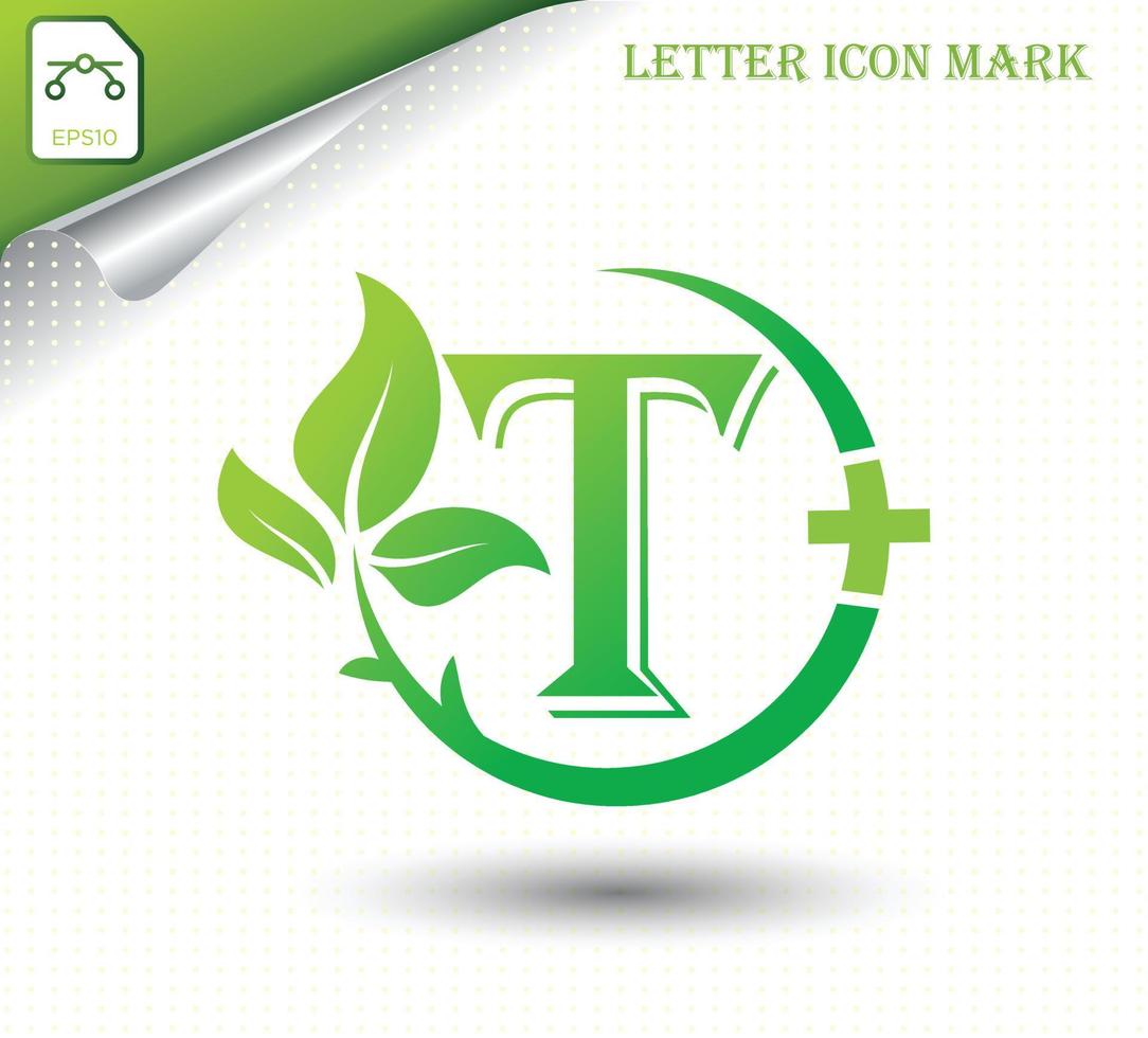 letter t met groene blad vector sjabloon