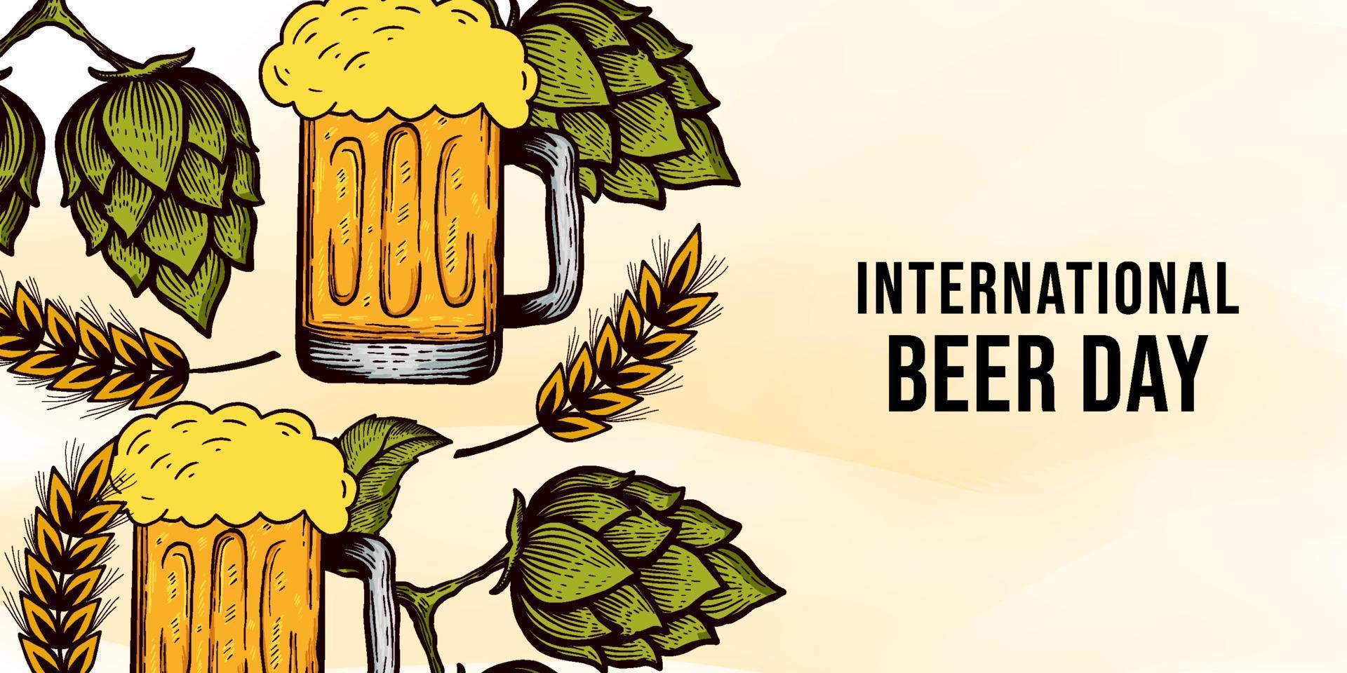 handgetekende internationale bierdag achtergrondillustratie met glas bier, hop en tarwe vector