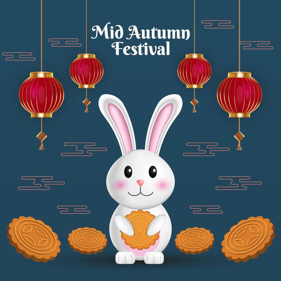 medio herfstfestivalillustratie met konijn dat mooncake vasthoudt vector