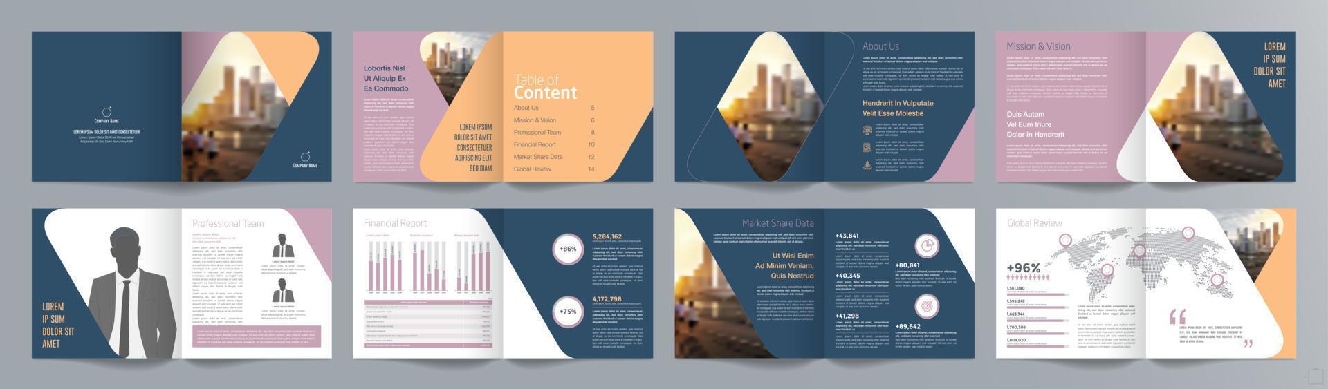 zakelijke presentatiegids brochure sjabloon, jaarverslag, 16 pagina's minimalistische platte geometrische zakelijke brochure ontwerpsjabloon, vierkant formaat. vector