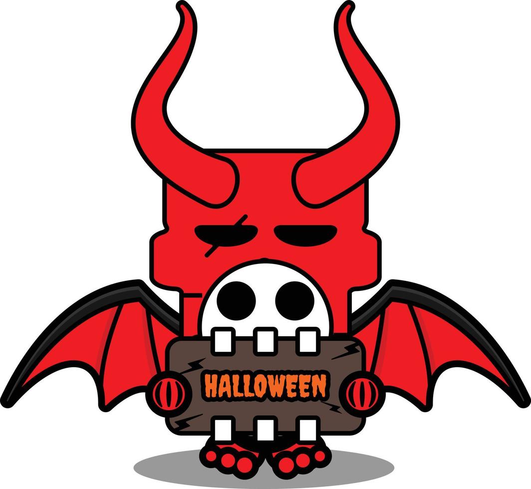 schattige schedel rode duivel mascotte karakter cartoon vector houden halloween bord