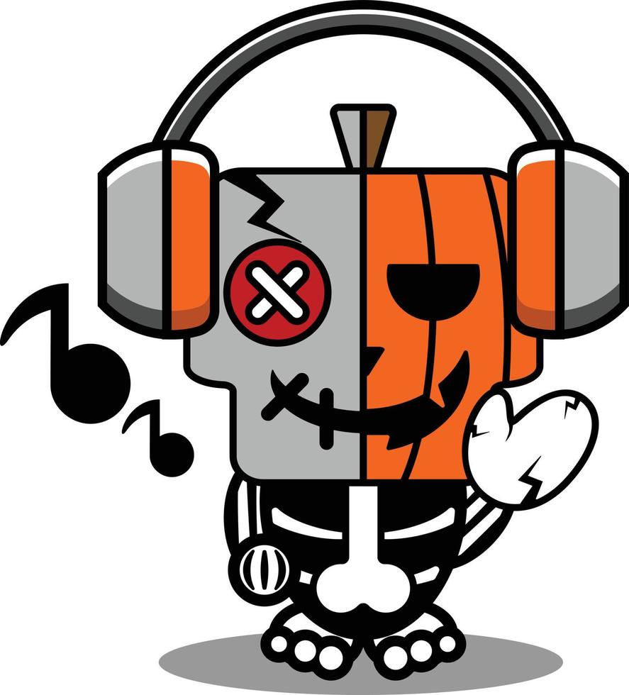 vector cartoon schattig mascotte schedel karakter voodoo-pop pompoen luisteren naar muziek