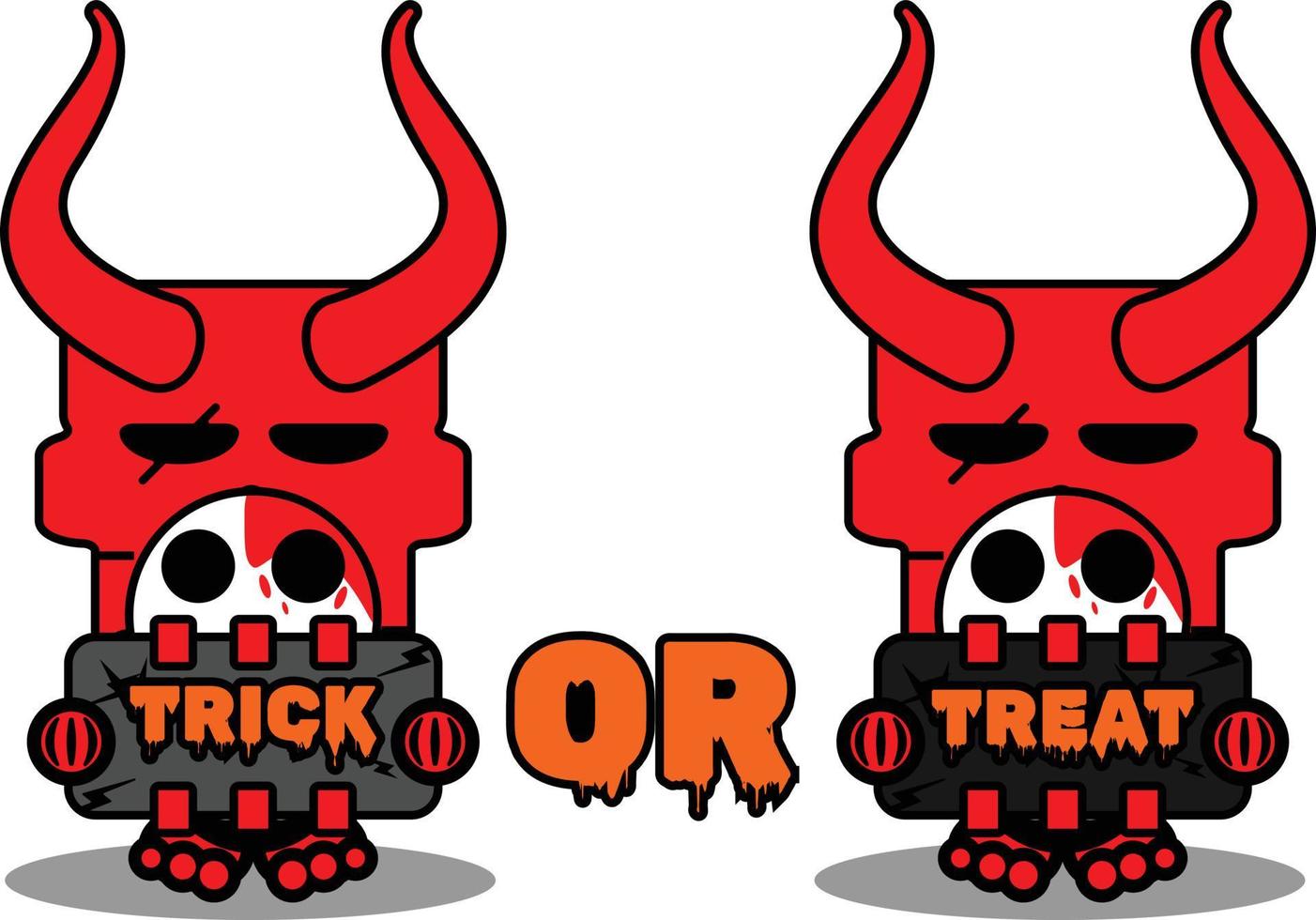 schattige schedel rode duivel mascotte karakter cartoon vector met trick or treat board