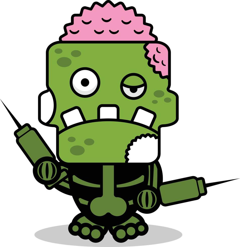 vector stripfiguur halloween mascotte zombie groen schattig schedel met een spuit