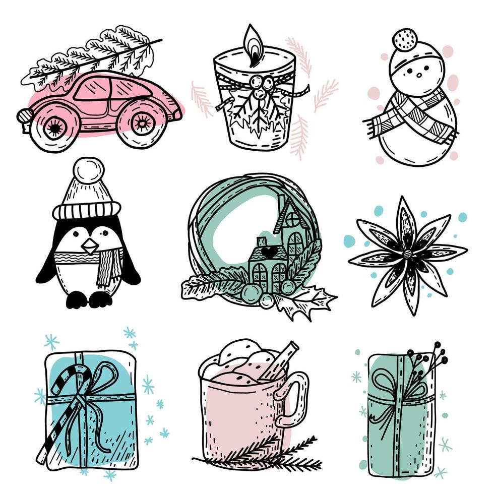 vector hand getekende kerst set. kerstboom, penquin, geschenken, kaars, warme chocolademelk, kruiden, kerstkrans, sneeuwpop, sneeuwvlokken.