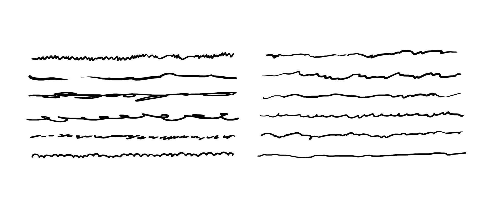 handgetekende doodle lijnen. een reeks trillende onderstrepingen. vectorillustratie van grafische elementen voor markeren, onderstrepen, randen. vector