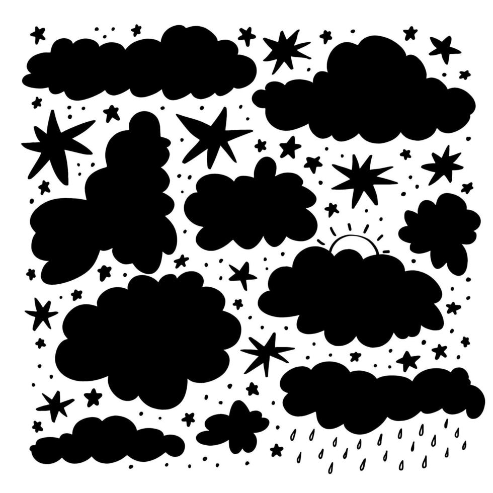 webcollectie van wolken. een reeks silhouetten van verschillende sterren, zon en regendruppels. onweer, bewolkt weer. vectorillustratie van hand getrokken sky silhouetten op witte achtergrond. vector